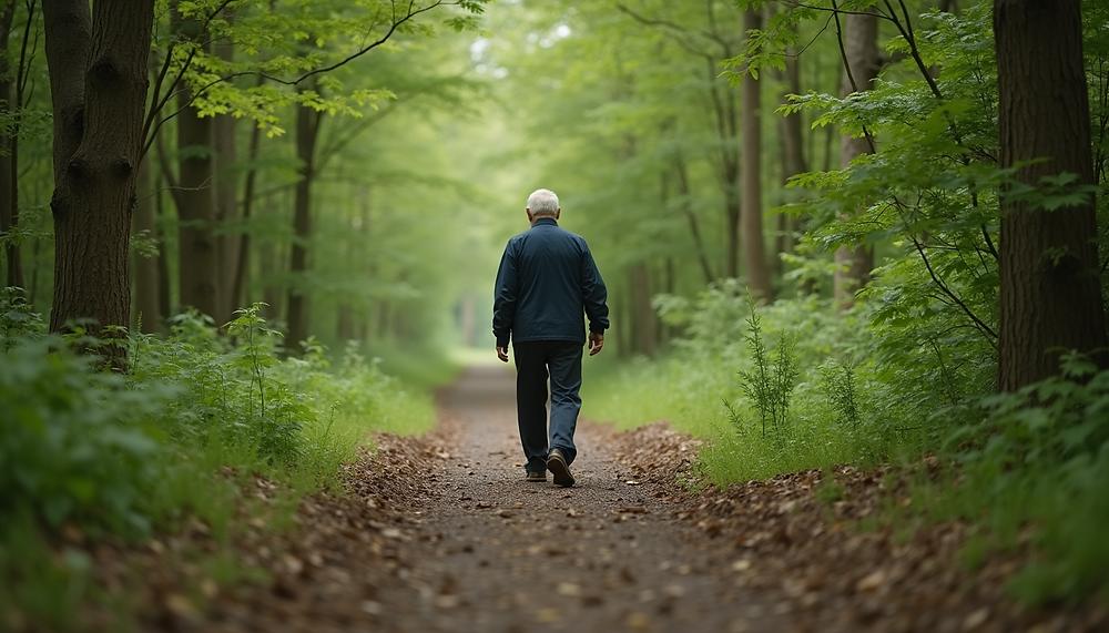 Homem idoso caminhando sozinho por uma floresta iluminada.