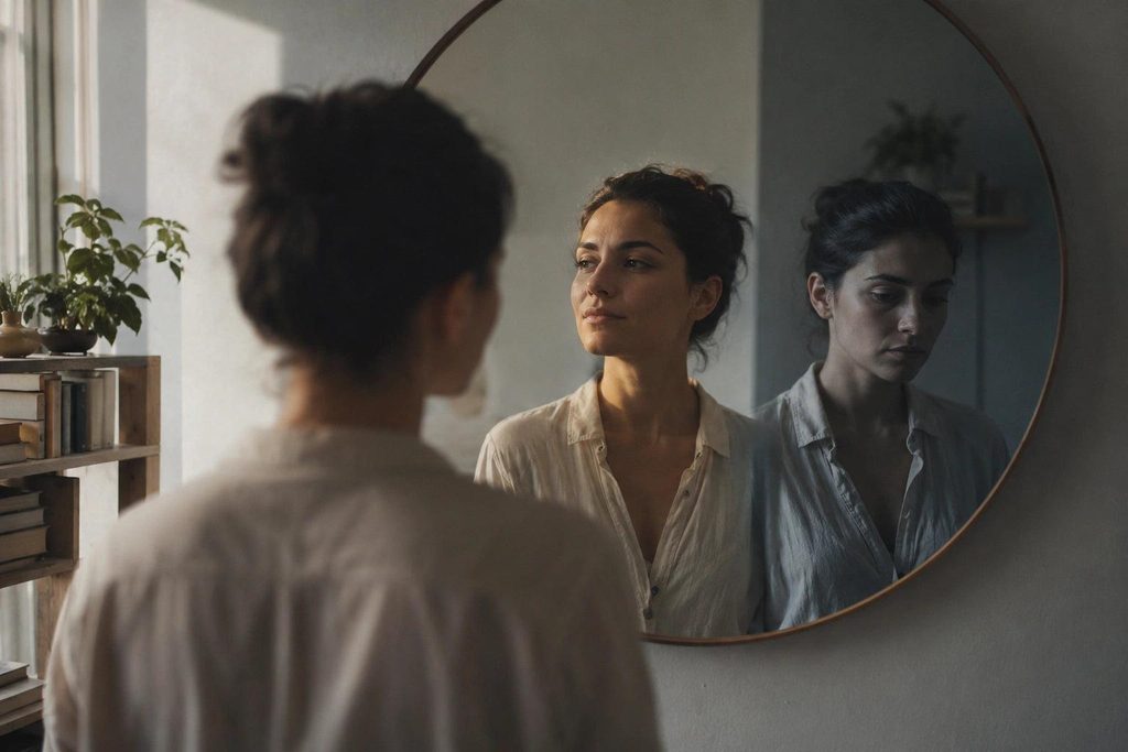 Mulher diante do espelho refletindo sobre sua identidade e sobre as expectativas dos outros.