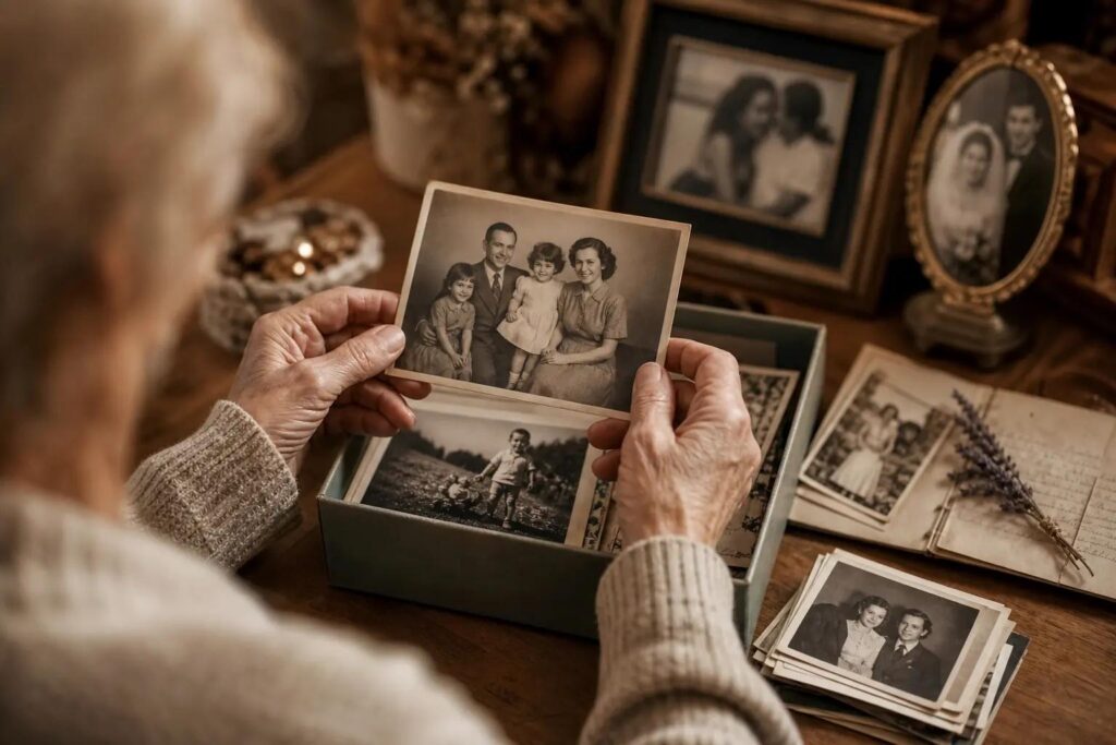 Mãos segurando fotografias antigas de família, representando memória e herança familiar.